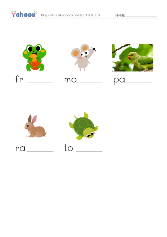 Finish the word worksheet for animals