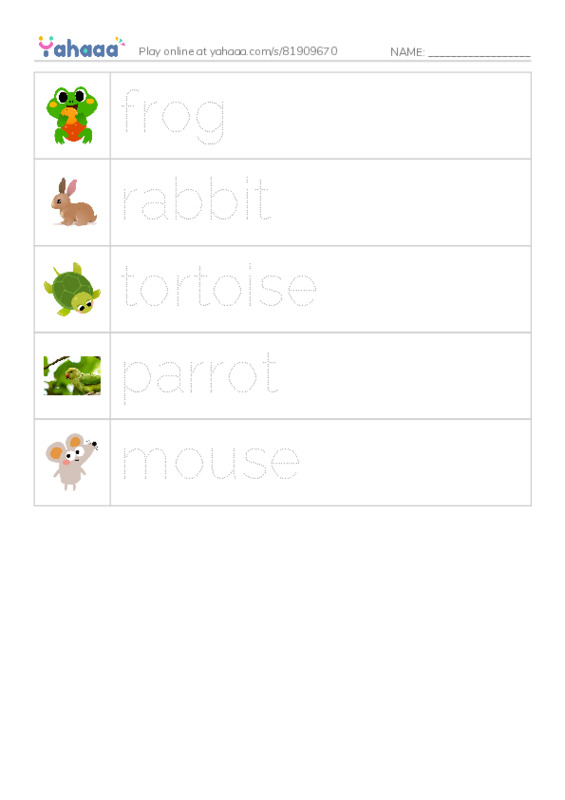 Picture and word rows worksheet for animals