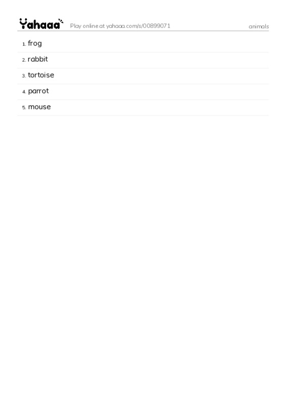 Word list with meanings worksheet for animals