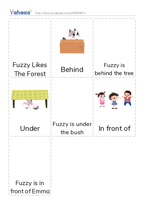 Picture flashcards worksheet for Fuzzy Likes The Forest, Behind, Fuzzy is behind the tree and 4 more