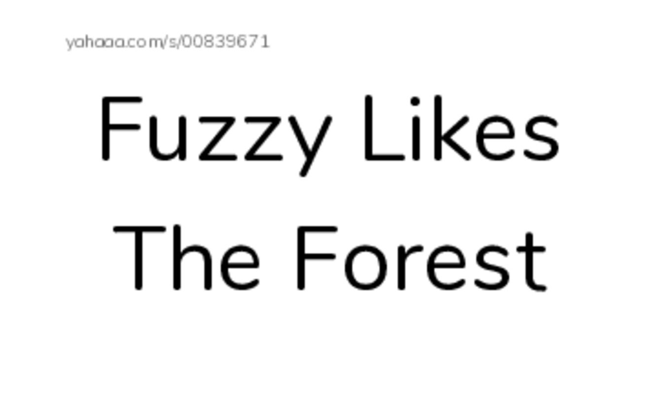 Index cards, words only worksheet for Fuzzy Likes The Forest, Behind, Fuzzy is behind the tree and 4 more