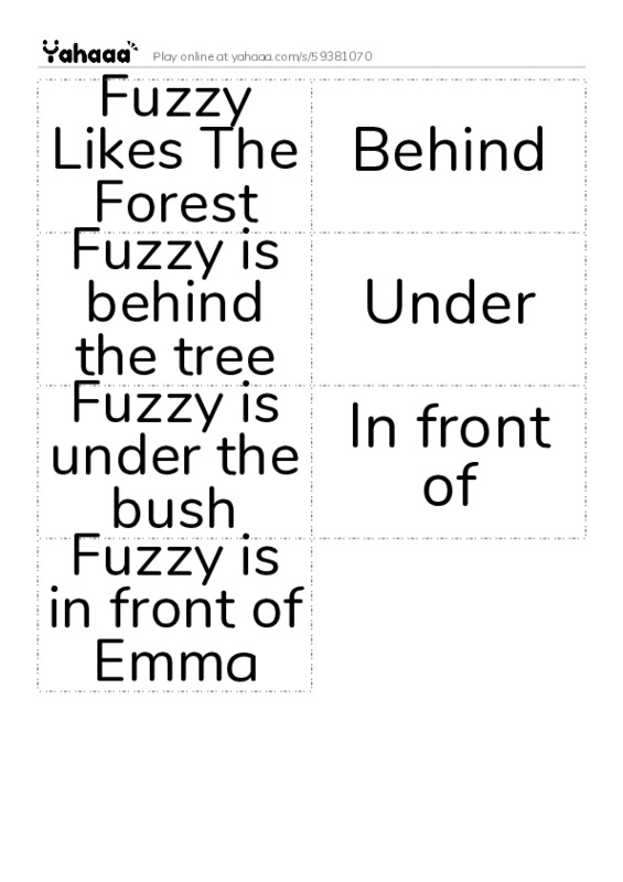 Word flashcards worksheet for Fuzzy Likes The Forest, Behind, Fuzzy is behind the tree and 4 more
