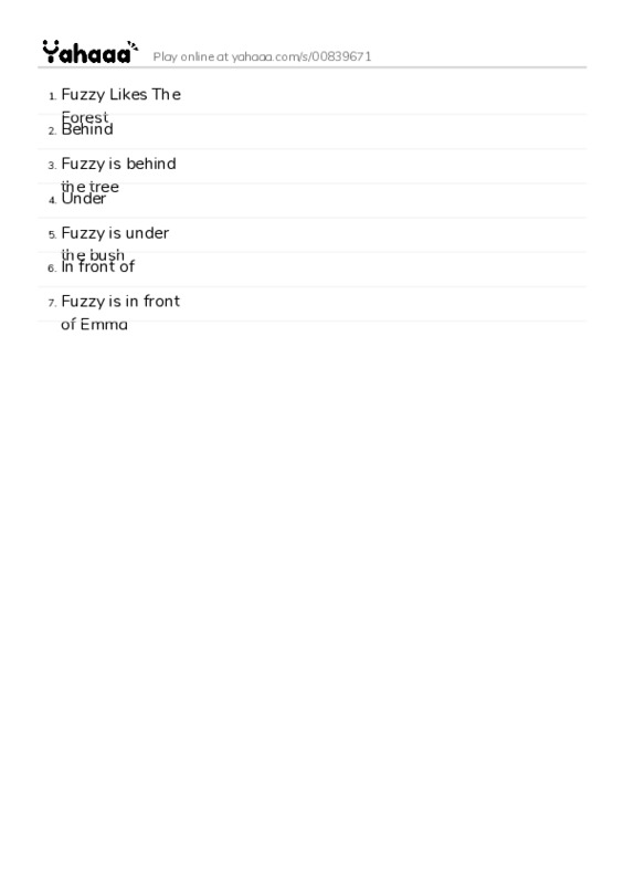 Word list with meanings worksheet for Fuzzy Likes The Forest, Behind, Fuzzy is behind the tree and 4 more