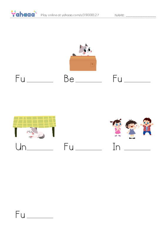 Finish the word worksheet for Fuzzy Likes The Forest, Behind, Fuzzy is behind the tree and 4 more