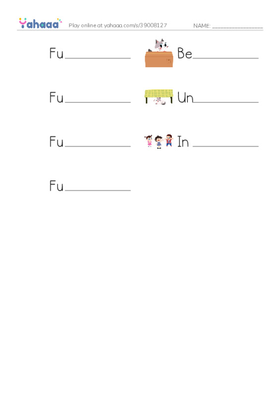 Write the word rows worksheet for Fuzzy Likes The Forest, Behind, Fuzzy is behind the tree and 4 more