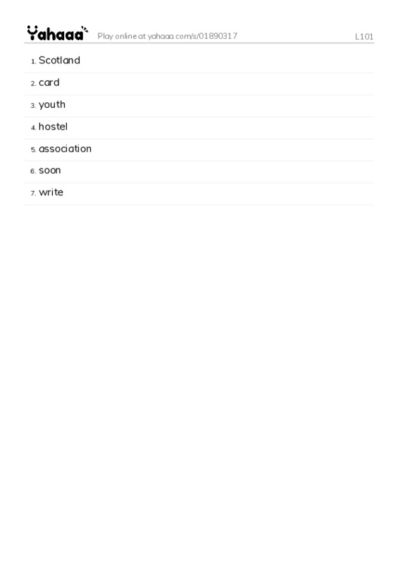 Word list with meanings worksheet for L101