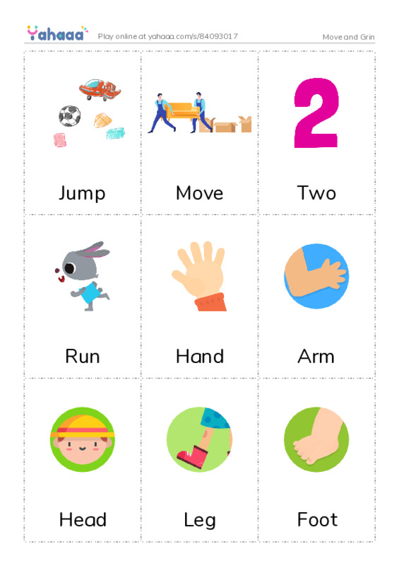 Picture flashcards worksheet for Move and Grin