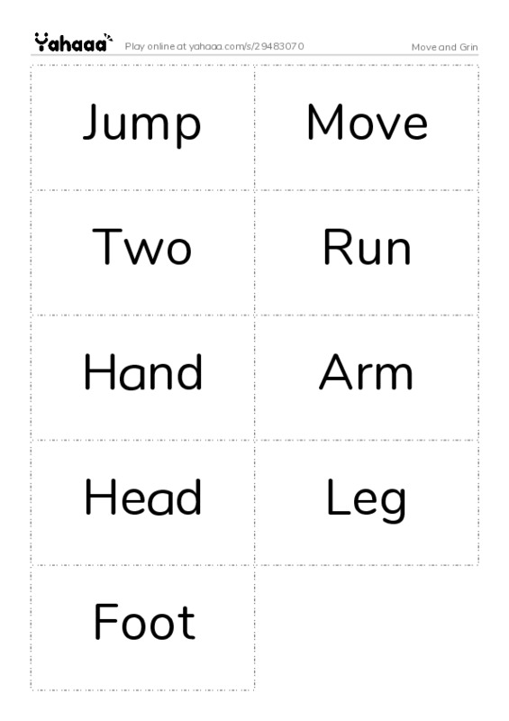Word flashcards worksheet for Move and Grin