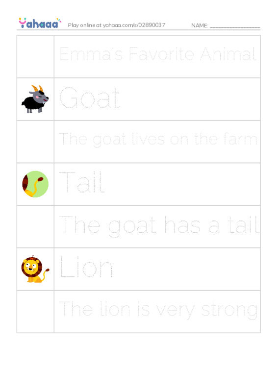 Picture and word rows worksheet for Emma's Favorite Animal, Goat, The goat lives on the farm and 4 more