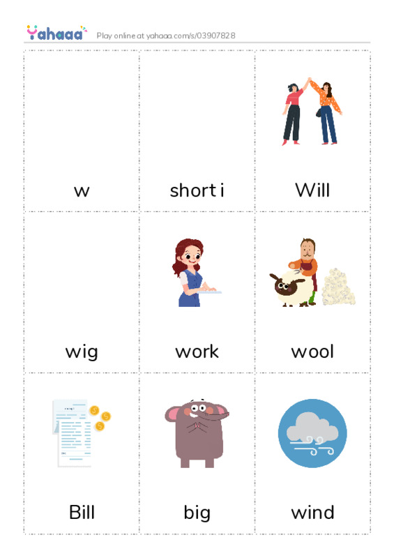 Picture flashcards worksheet for w, short i, Will and 7 more