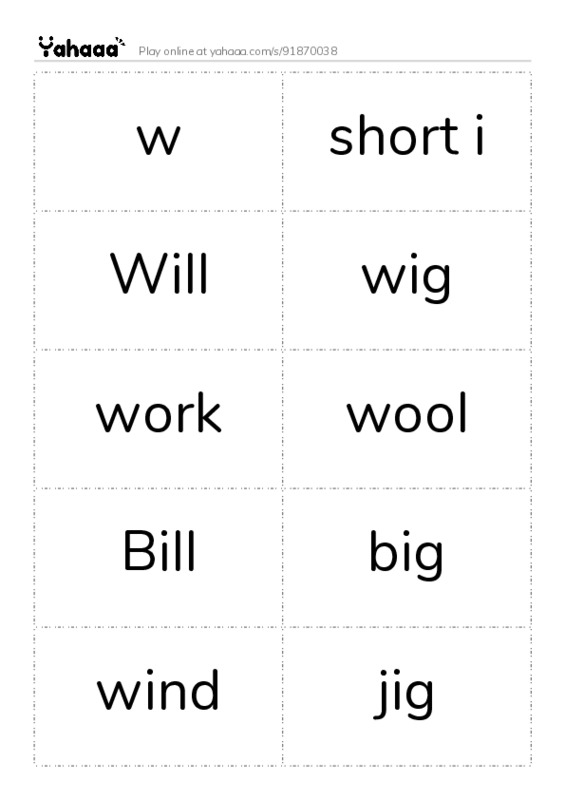 Word flashcards worksheet for w, short i, Will and 7 more