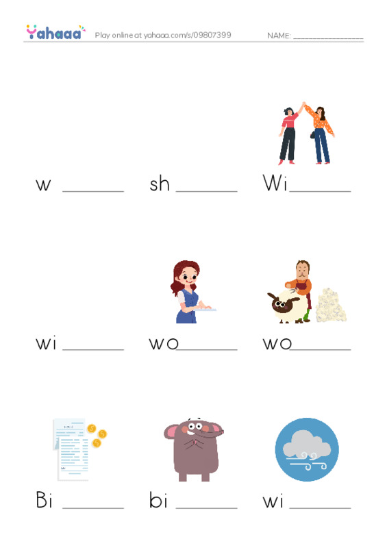 Finish the word worksheet for w, short i, Will and 7 more