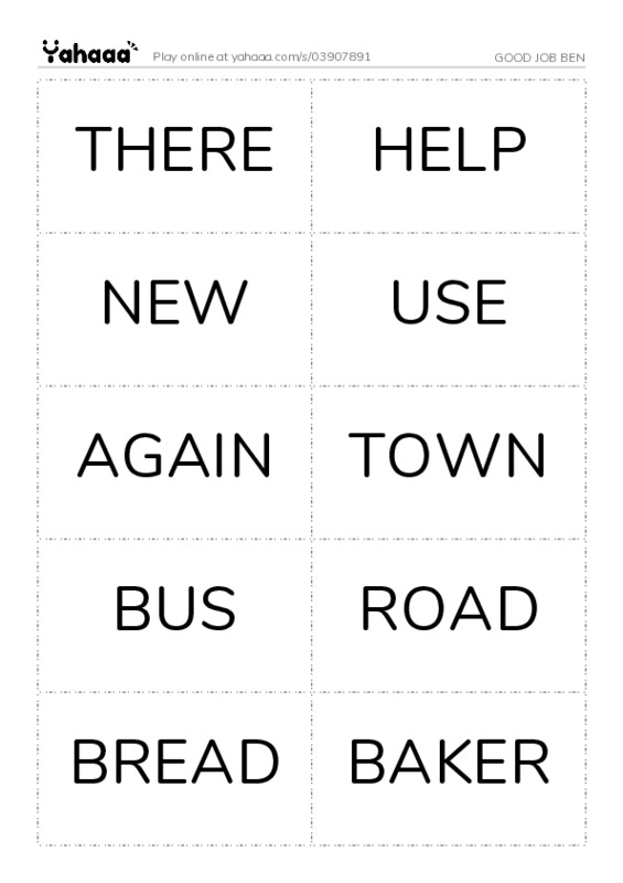 Word flashcards worksheet for GOOD JOB BEN