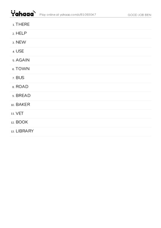 Word list with meanings worksheet for GOOD JOB BEN