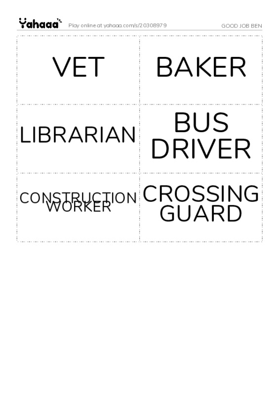 Word flashcards worksheet for GOOD JOB BEN