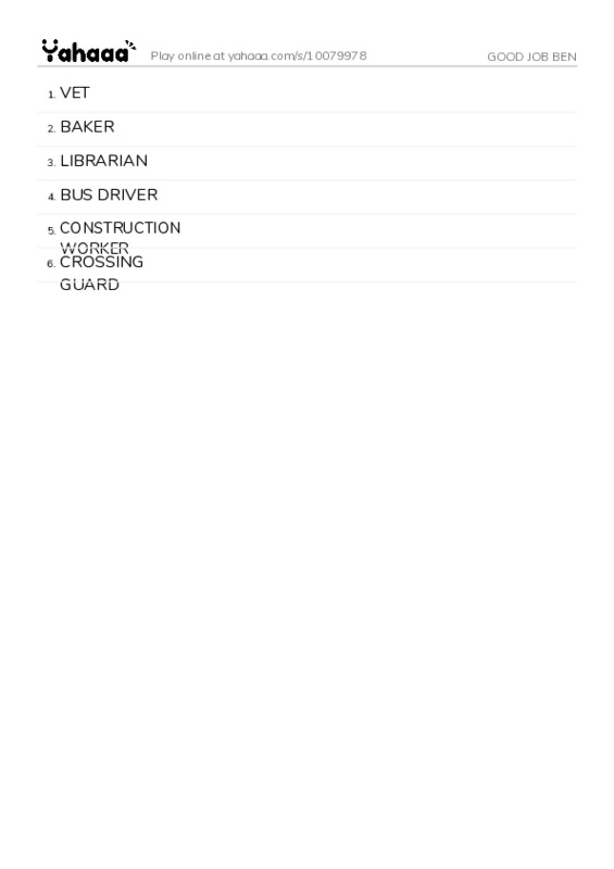 Word list with meanings worksheet for GOOD JOB BEN
