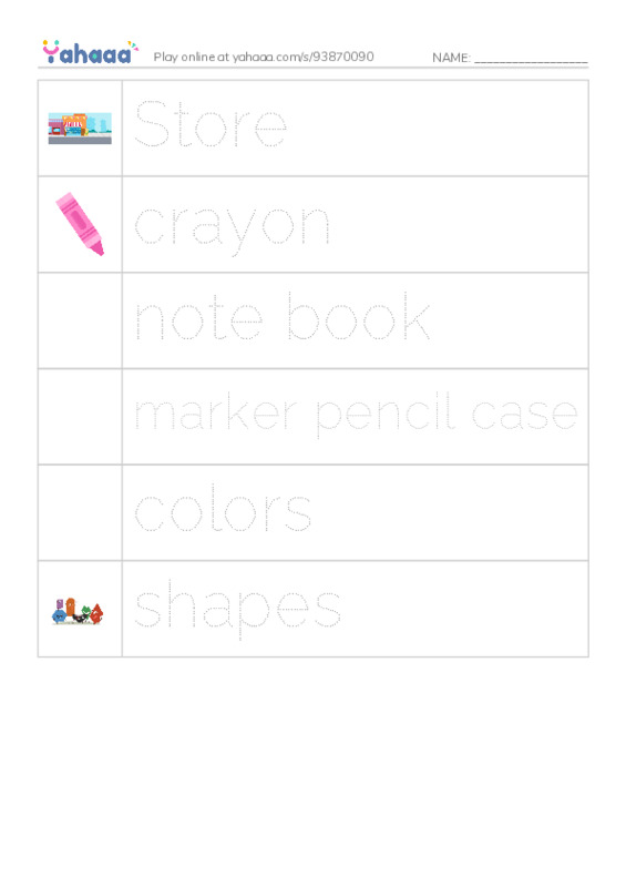 Picture and word rows worksheet for My game