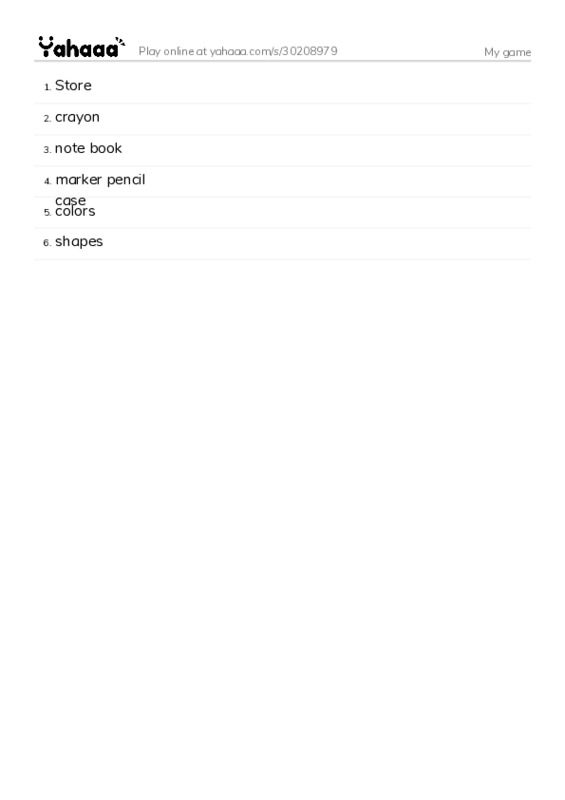 Word list with meanings worksheet for My game