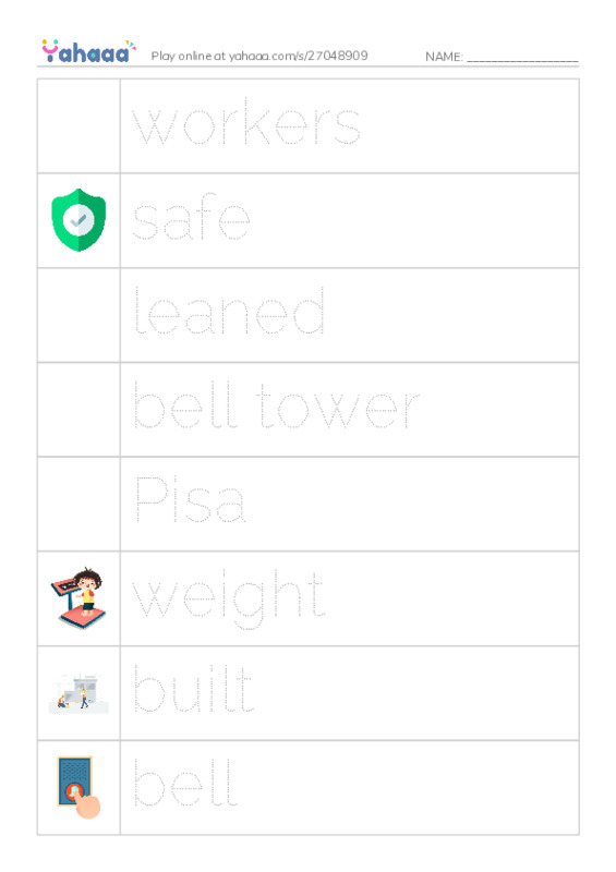 Picture and word rows worksheet for The leaning tower