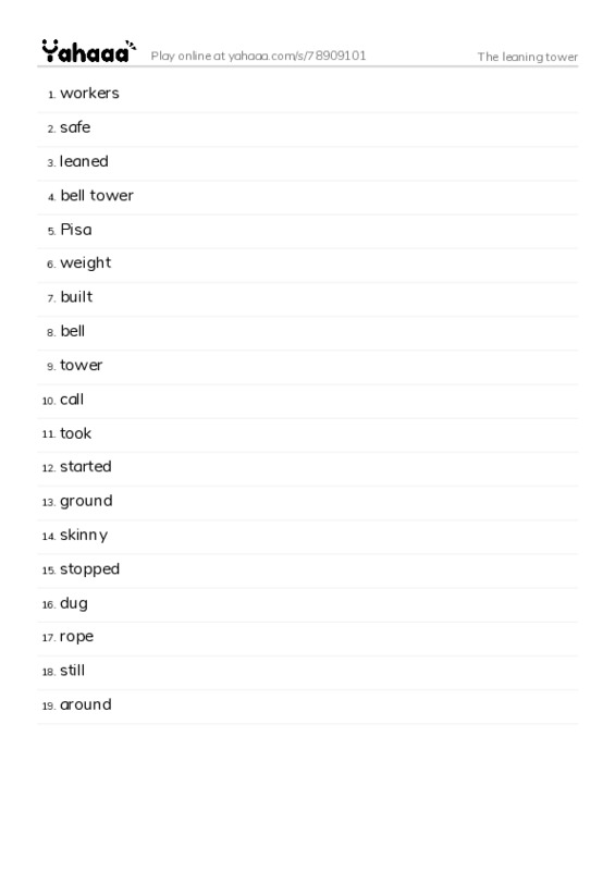 Word list with meanings worksheet for The leaning tower