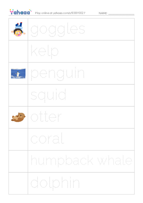 Picture and word rows worksheet for goggles, kelp, penguin and 7 more