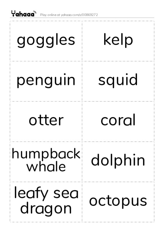 Word flashcards worksheet for goggles, kelp, penguin and 7 more