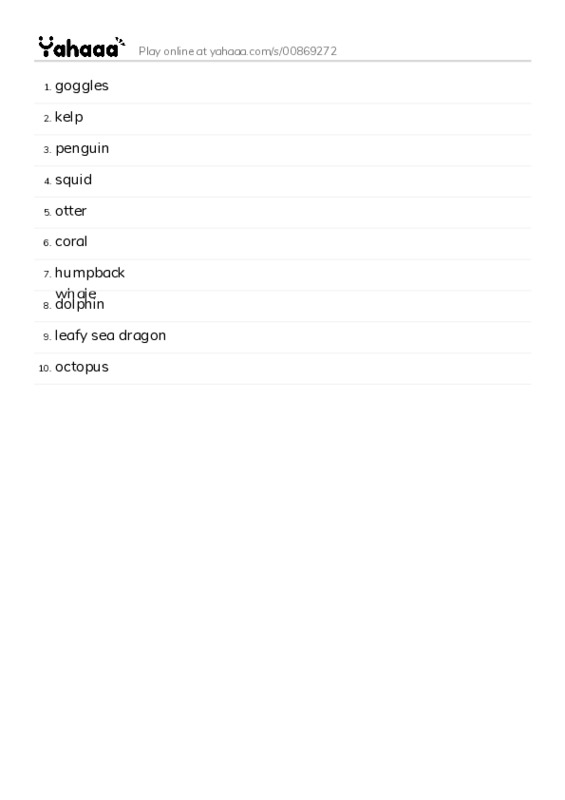Word list with meanings worksheet for goggles, kelp, penguin and 7 more