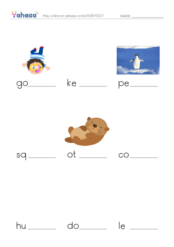 Finish the word worksheet for goggles, kelp, penguin and 7 more