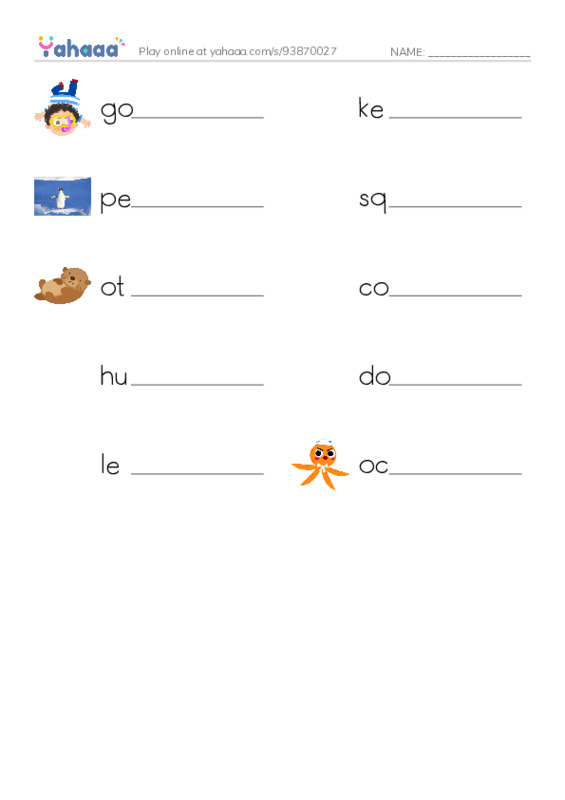 Write the word rows worksheet for goggles, kelp, penguin and 7 more