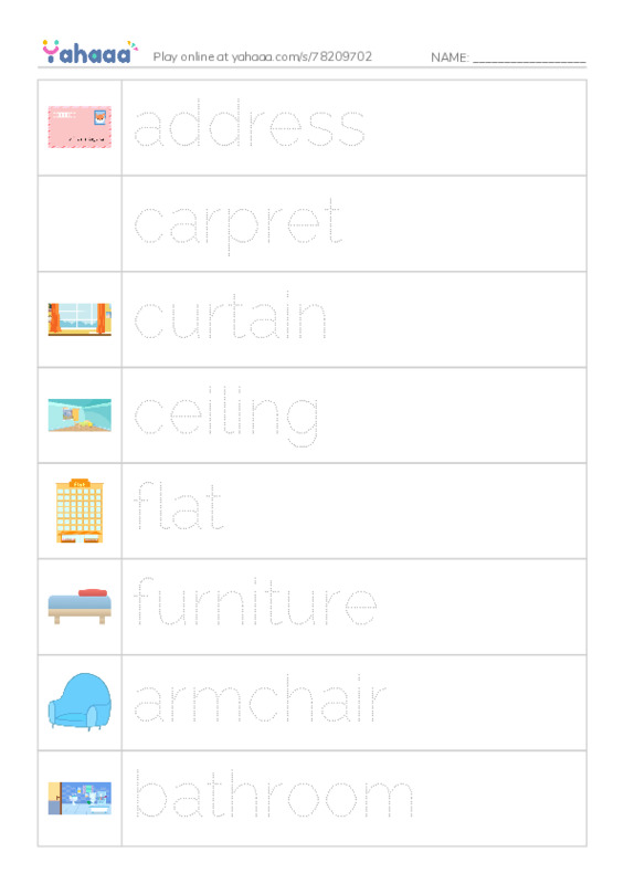 Picture and word rows worksheet for A1 vocabulary
