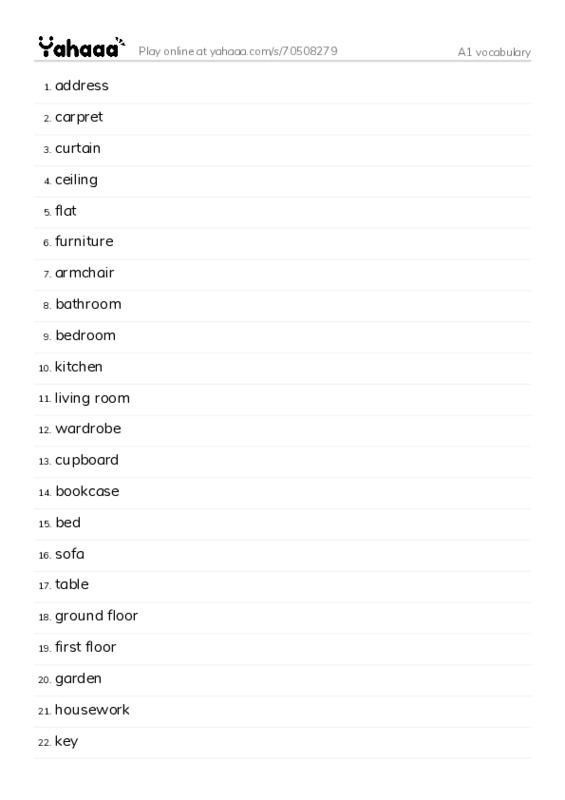 Word list with meanings worksheet for A1 vocabulary