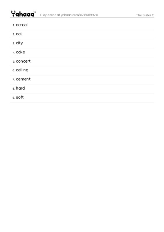 Word list with meanings worksheet for The Sister C