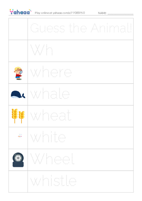 Picture and word rows worksheet for Guess the Animal!, Wh, where and 13 more