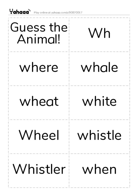 Word flashcards worksheet for Guess the Animal!, Wh, where and 13 more