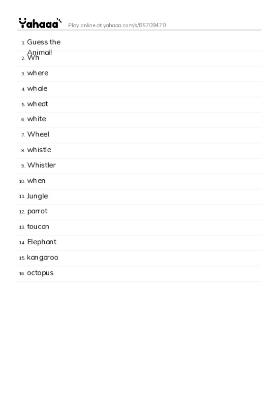 Word list with meanings worksheet for Guess the Animal!, Wh, where and 13 more