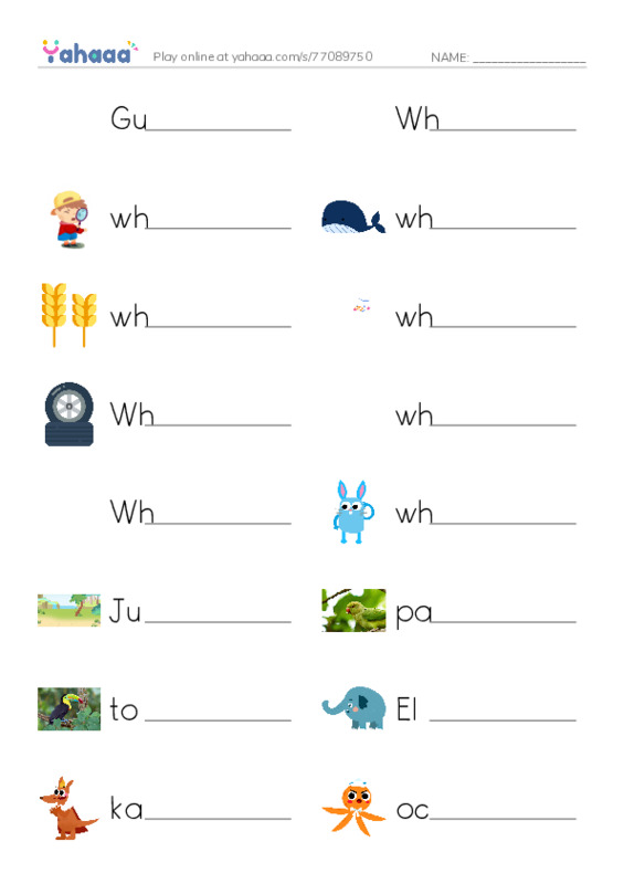 Write the word rows worksheet for Guess the Animal!, Wh, where and 13 more