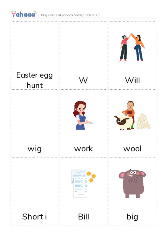 Picture flashcards worksheet for Easter egg hunt, W, Will and 14 more