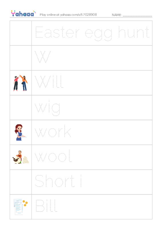 Picture and word rows worksheet for Easter egg hunt, W, Will and 14 more
