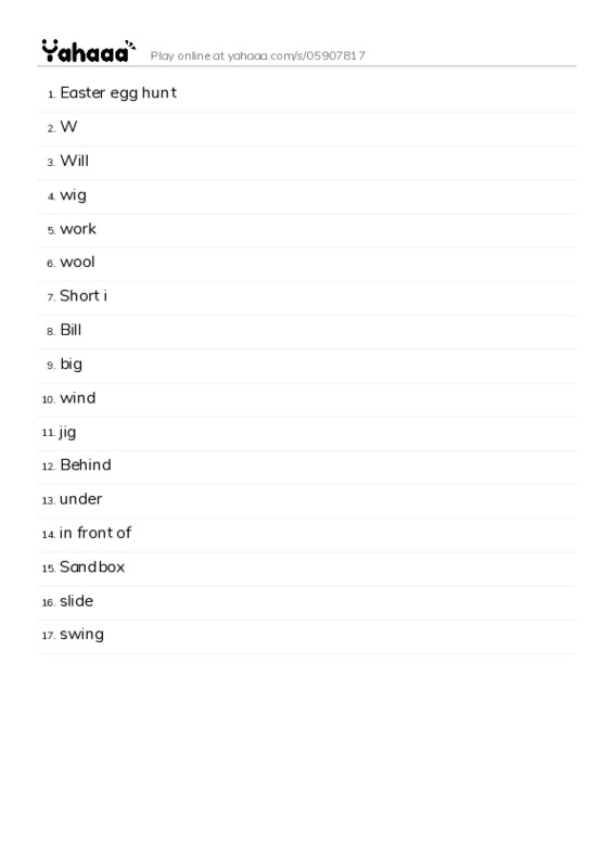 Word list with meanings worksheet for Easter egg hunt, W, Will and 14 more