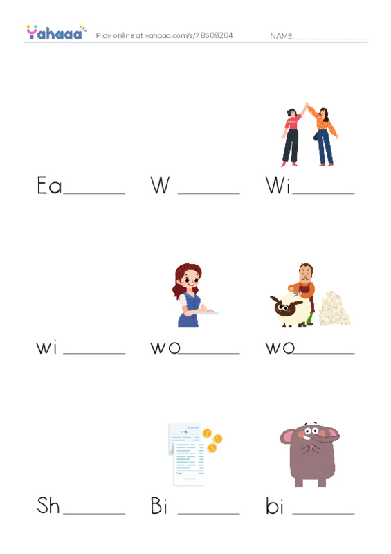 Finish the word worksheet for Easter egg hunt, W, Will and 14 more