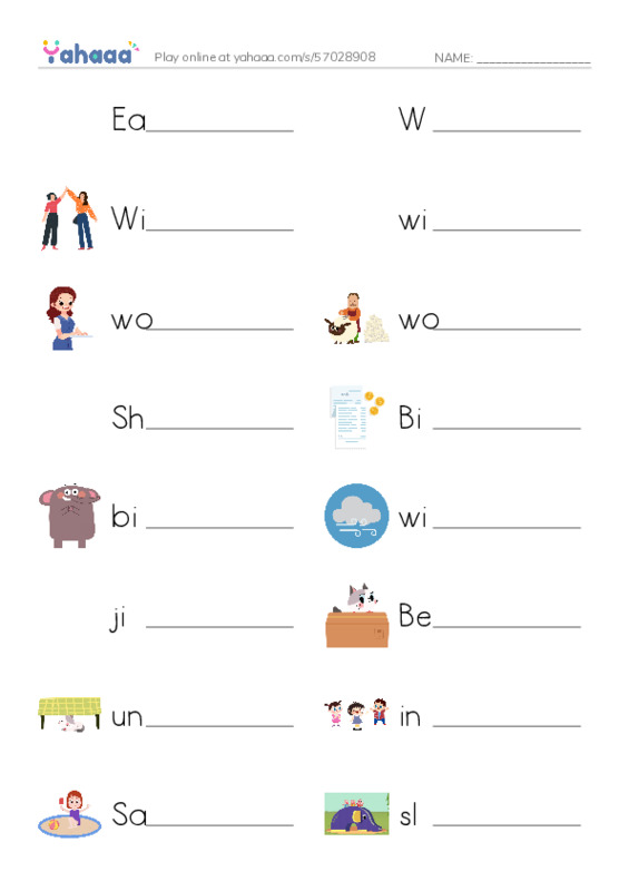 Write the word rows worksheet for Easter egg hunt, W, Will and 14 more