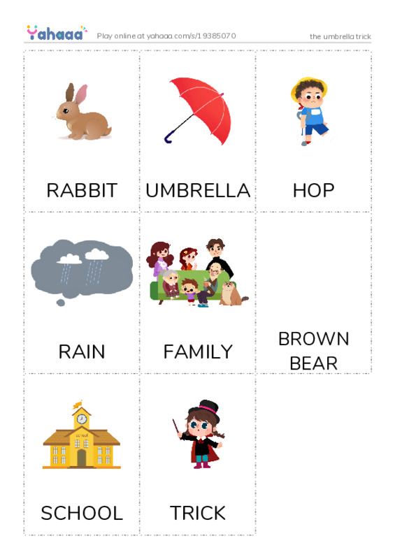 Picture flashcards worksheet for the umbrella trick