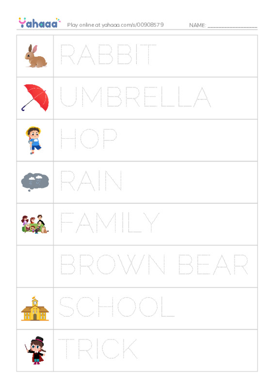 Picture and word rows worksheet for the umbrella trick