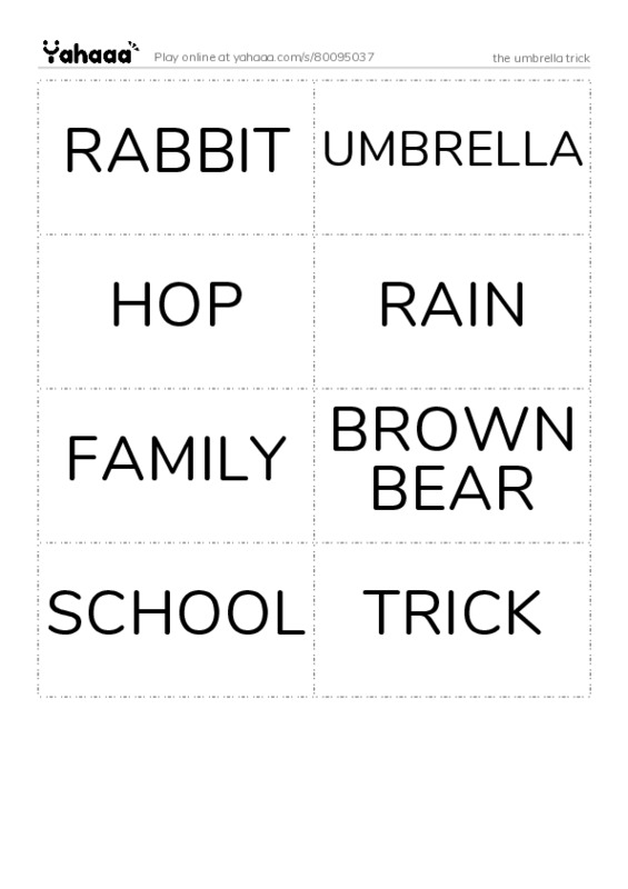 Word flashcards worksheet for the umbrella trick