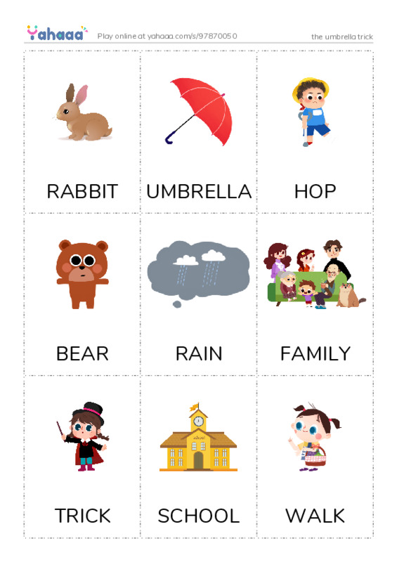 Picture flashcards worksheet for the umbrella trick