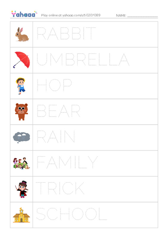 Picture and word rows worksheet for the umbrella trick