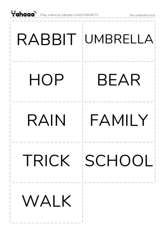 Word flashcards worksheet for the umbrella trick