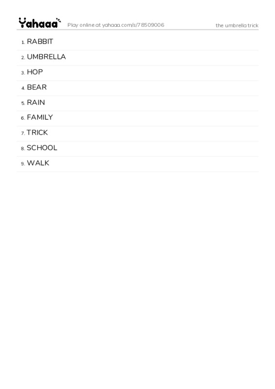 Word list with meanings worksheet for the umbrella trick