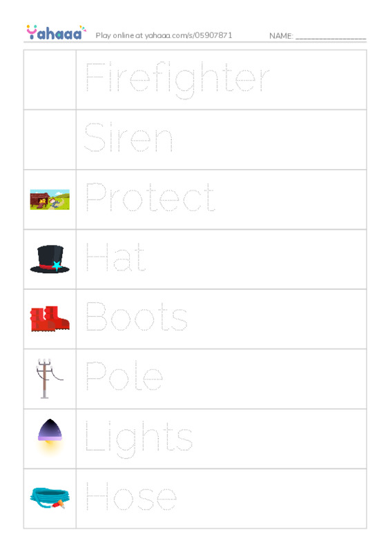 Picture and word rows worksheet for FIREFIGHTERS AT WORK