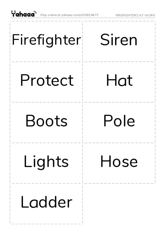 Word flashcards worksheet for FIREFIGHTERS AT WORK
